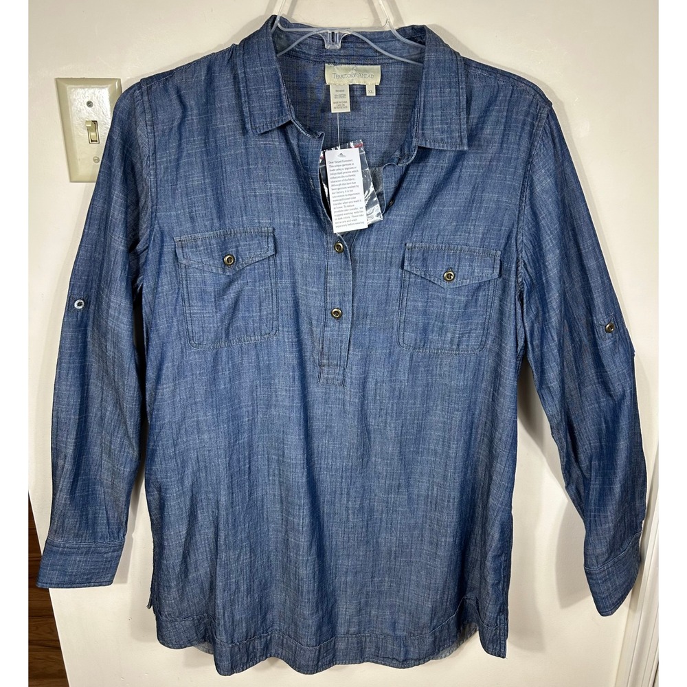 Territory Ahead Popover Tunic Women XL Blue Chambray Cotton Lyocell Western BOHO